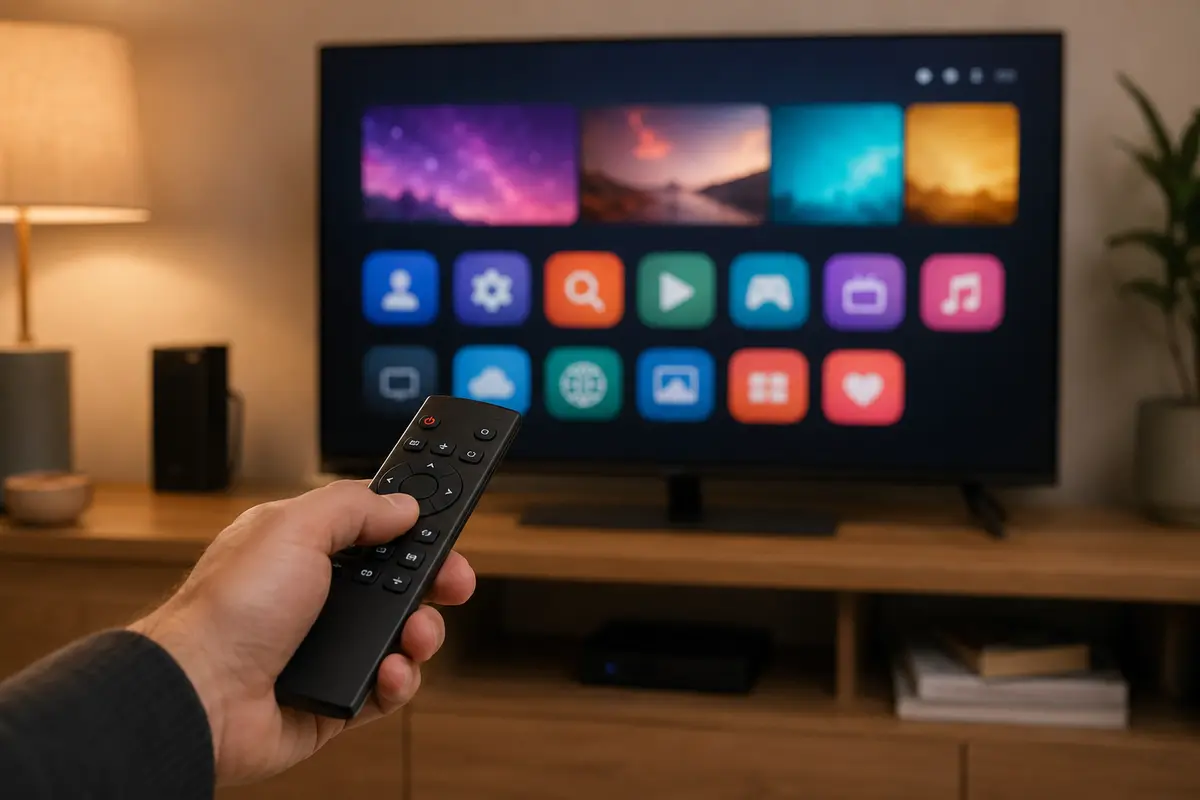 Interfata de Smart TV cu aplicatii pe un televizor de 43 inch