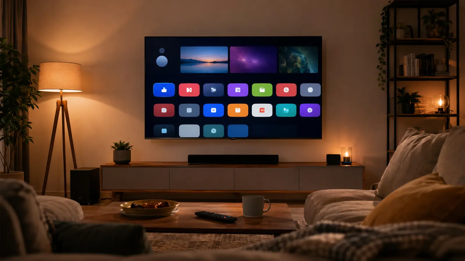 Smart TV ieftin cu interfata de aplicatii intr-un living modern