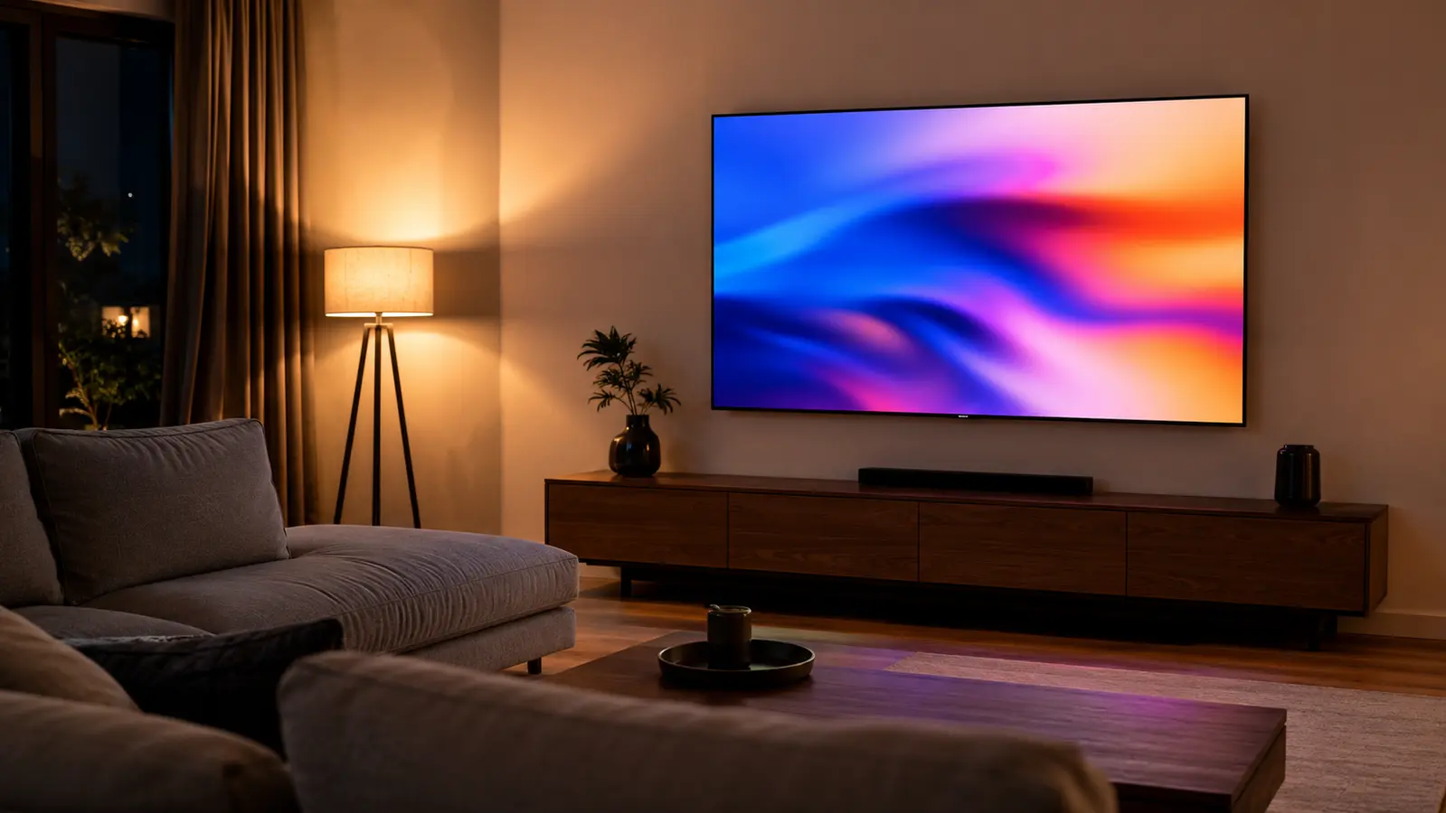 Televizor de 50 inch intr-un living spatios