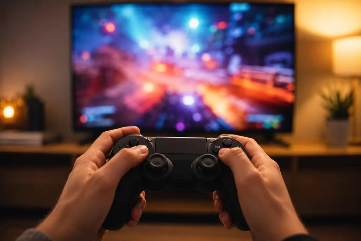 Un controller de jocuri in fata unui televizor