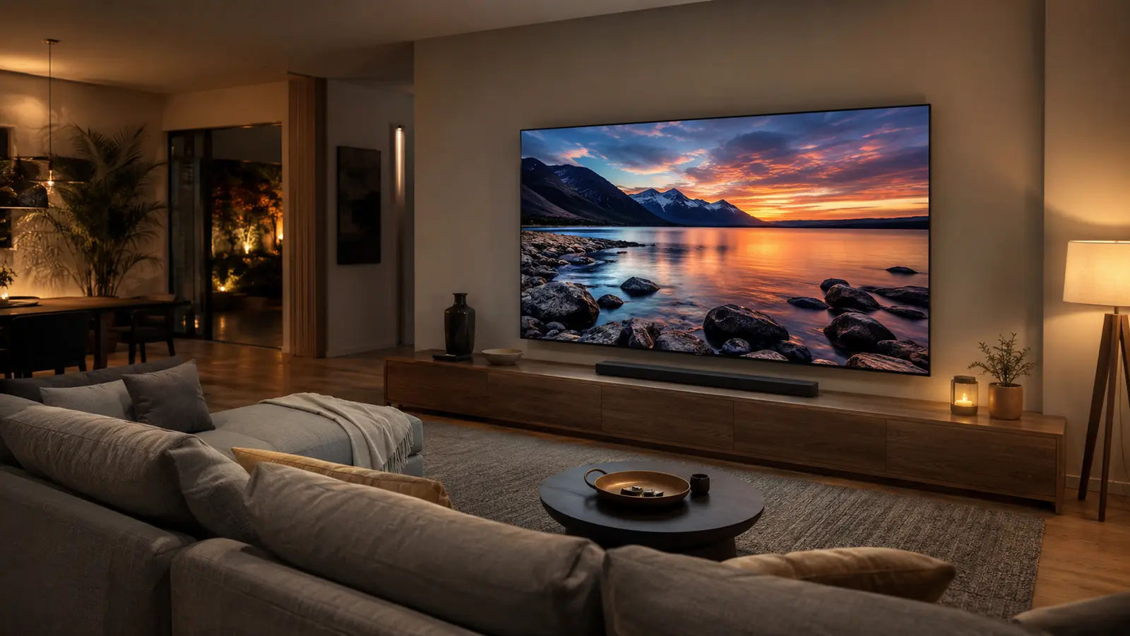 Televizor mare intr-un living modern, seara