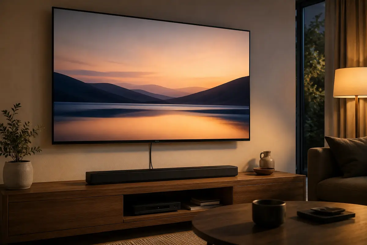 Un televizor de living cu soundbar dedesubt