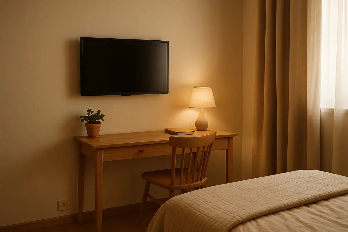 Televizor 32 inch montat in dormitor pe perete